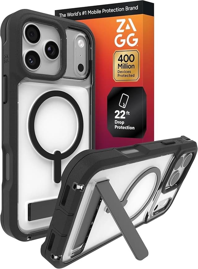 ZAGG Rainier Case with Kickstand for iPhone 17 Pro Max - Black, Graphene 22ft (7m) Drop Protection, Lanyard Attach Points, MagSafe, Wireless Charging Compatible, 2-Piece Design, Phone Case